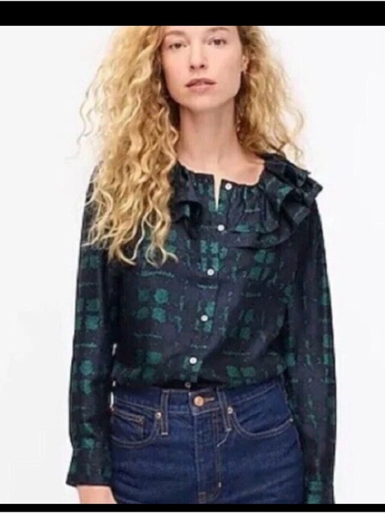 J. Crew Tops - J CREW NWT Collection Silk Ruffle Navy Green Plaid Top Blouse Size L